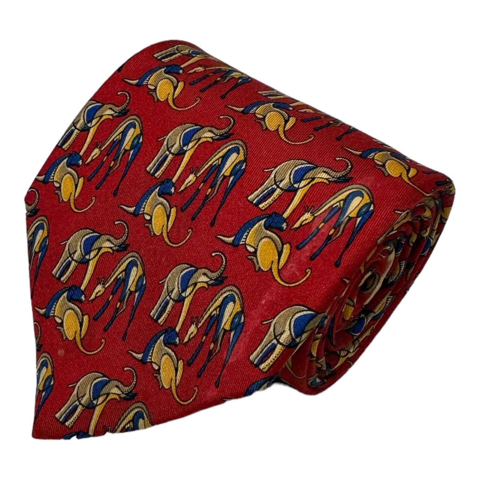 Salvatore Ferragamo Red Gold Blue Elephant Mens Pure Silk Tie 35 Inch Width